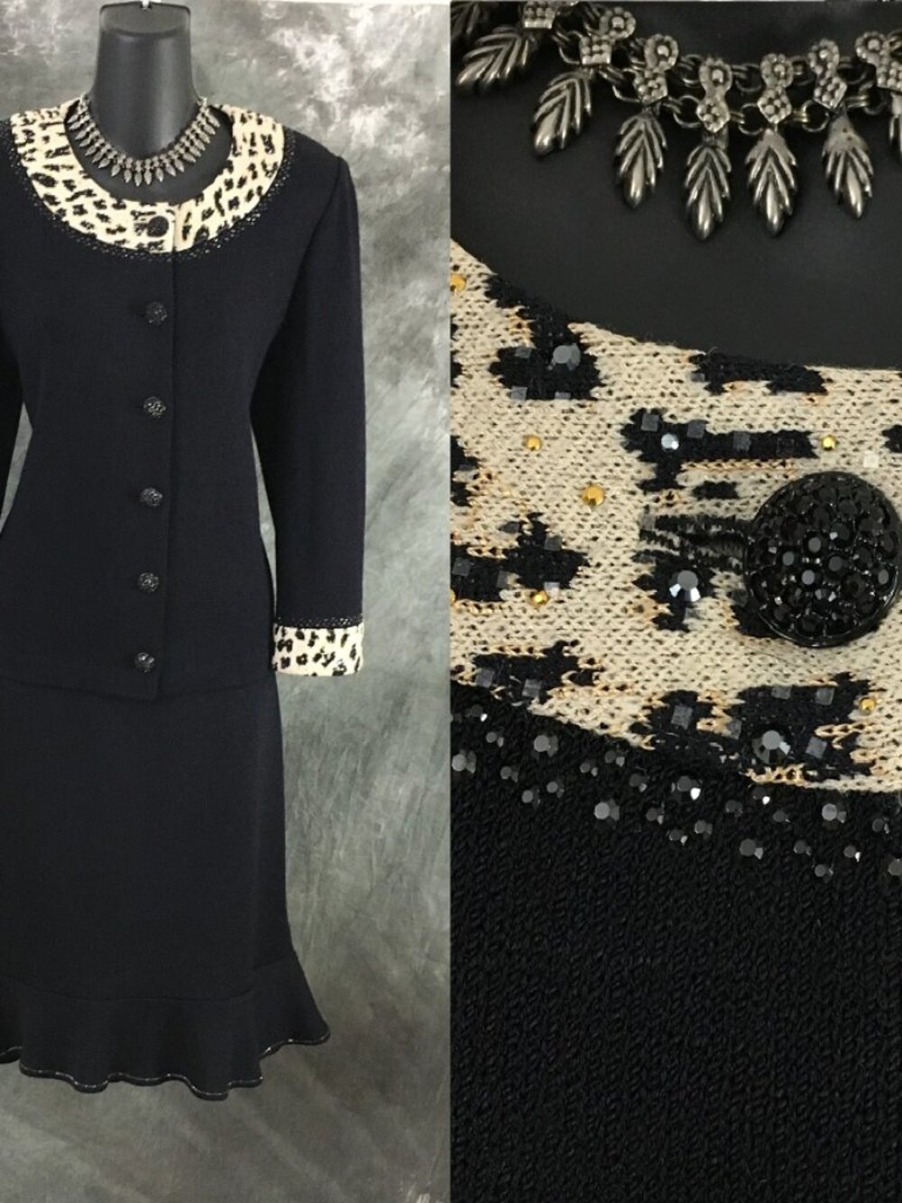 BEAUTIFUL St John evening knit beige gold Black embellished skirt suit size 10